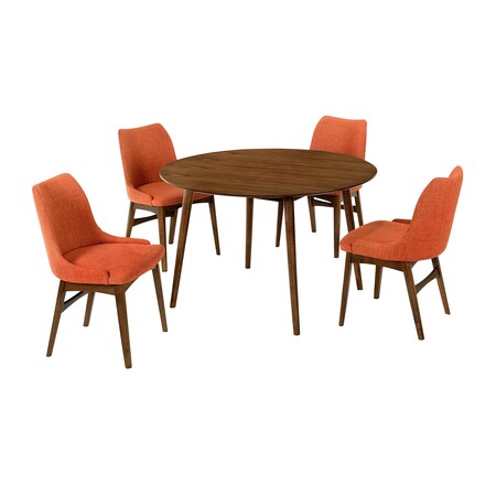 Armen Living Arcadia and Azalea 48" Round Orange and Walnut Wood 5 Piece Dining Set SETARDI5AZWAOR48